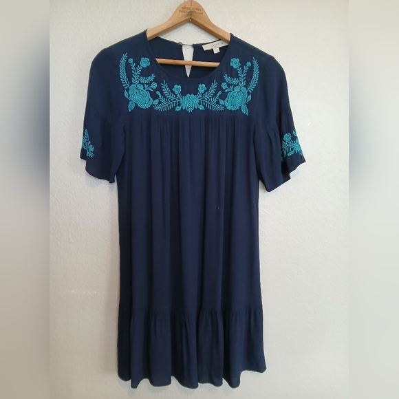 LOFT Navy Blue & Teal Embroidered Floral Drop Waist Dress Size Small - Picture 6 of 8